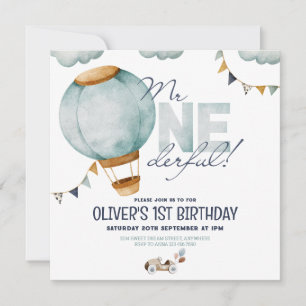 Blue Hot Air Balloon Sr. ONEGreat Boy Invitation