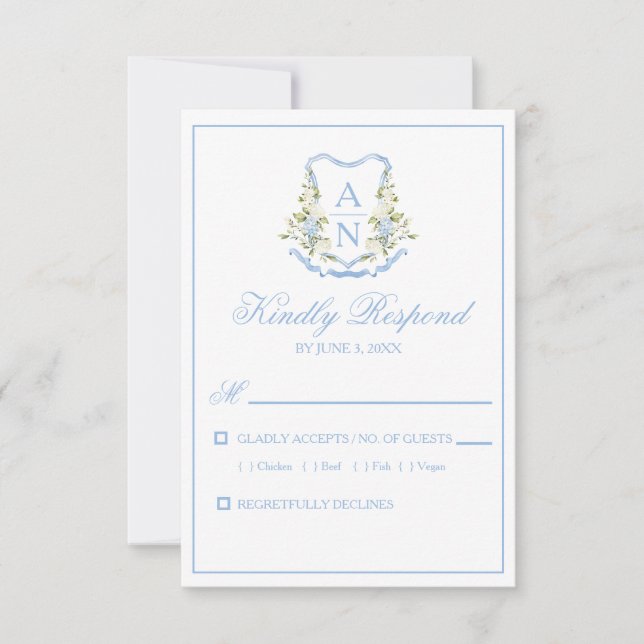 Blue Hydrangea Crest Monogram RSVP Cards (Frente)