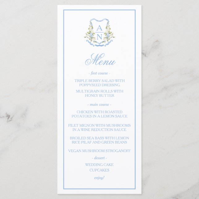 Blue Hydrangea Crest Monogram Wedding Menu (Frente)