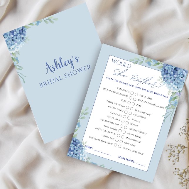Blue Hydrangea Ela Preferencialmente Jogo de Chá d (Blue Hydrangea Would She Rather Bridal Shower Game)