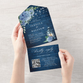 Blue Hydrangea Lanterna Wood Casamento Código QR
