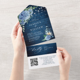 Blue Hydrangea Lanterna Wood Casamento Código QR