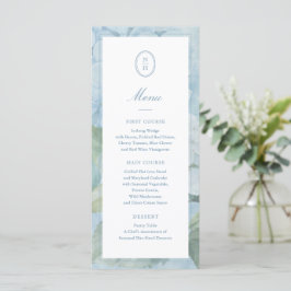 Blue Hydrangea Monogram Crest Wedding Flat Menu
