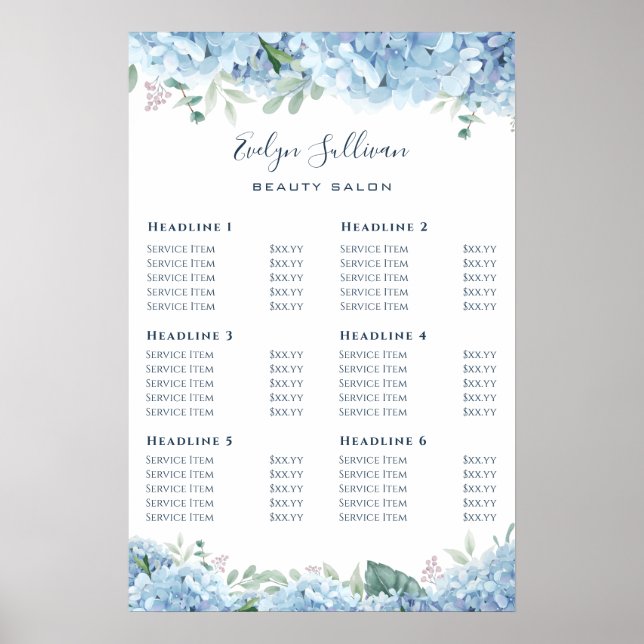 Blue Hydrangea Price List Poster (Frente)