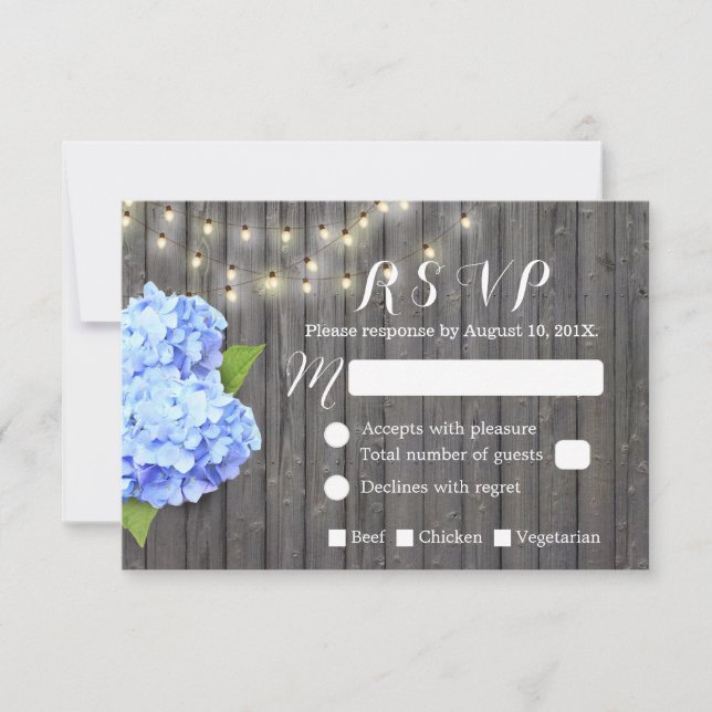 Blue Hydrangea & String Lights Barn Wood RSVP (Frente)