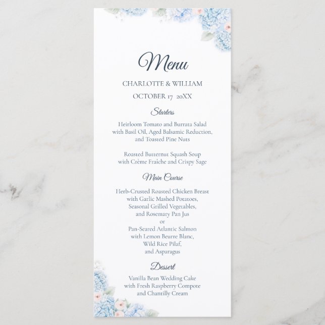 Blue Hydrangea Watercolor Floral Wedding Menu (Frente)