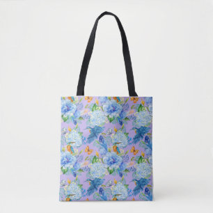 Blue Hydrangeas and Hummingbird Tote Bag