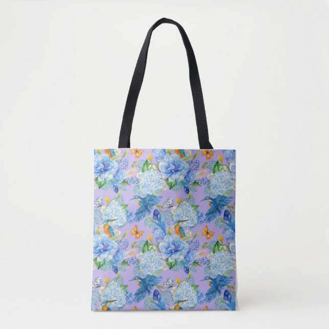 Blue Hydrangeas and Hummingbird Tote Bag (Frente)