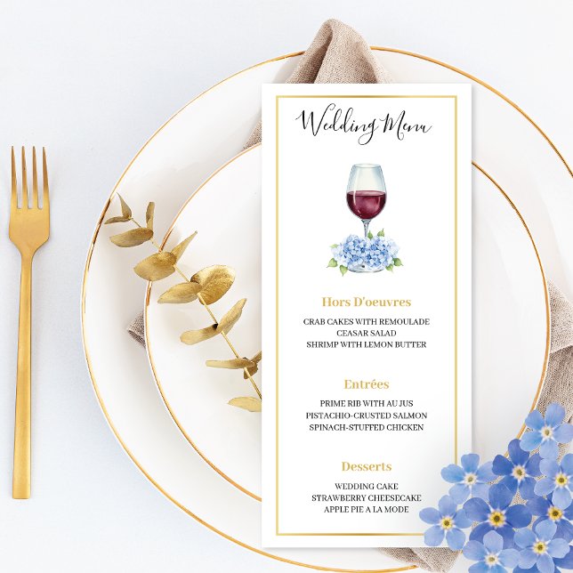 Blue Hydrangeas Wine Glass Wedding Flat Menu (Criador carregado)