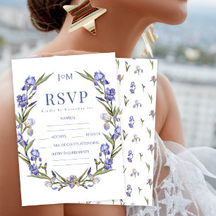 Blue irises floral wreath casamento Cartões RSVP