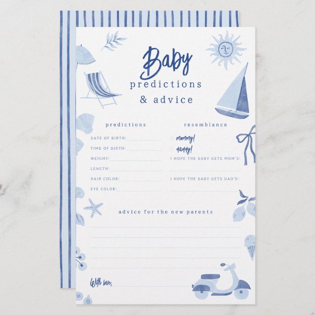 Blue Italian Summer Baby Predictions & Advice Game (Frente/Verso)