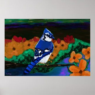 Blue Jay in Orange Flowers impressão