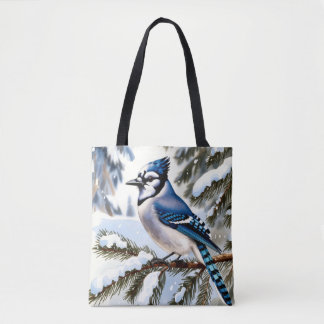 Blue Jay in Snowy Pines Watercolor Winter Tote Bag