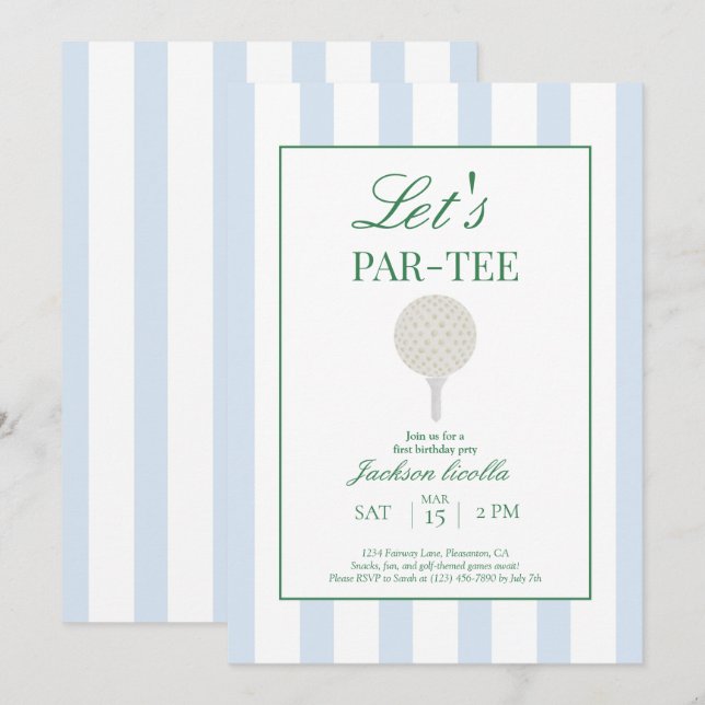 Blue Let's Par-Tee Golf First Birthday Convite (Frente/Verso)