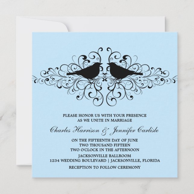 Blue Love Bird Swirls Convite para Casamento (Frente)