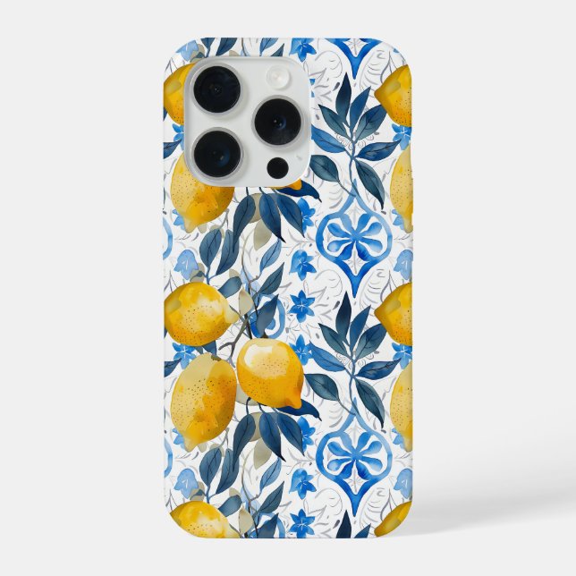Blue Mediterranean Style Lemon Pattern iPhone Case (Verso)