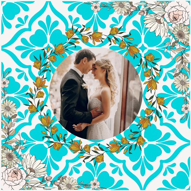 Blue Mediterranean Tile Pattern Wedding Photo Cera (Criador carregado)
