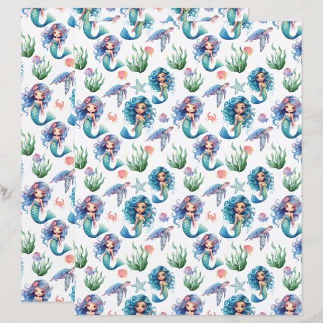 Blue Mermaid Scrapbook Paper in White (Frente/Verso)
