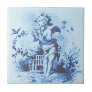 Blue Minton Cherub com Pan Pipes e Aves Repro