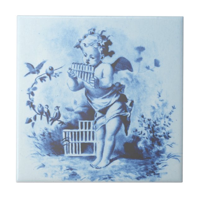 Blue Minton Cherub com Pan Pipes e Aves Repro (Frente)