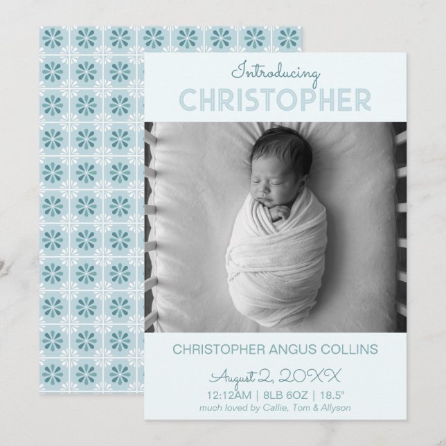 Blue Modern Tile Birth Announcement Card (Frente/Verso)
