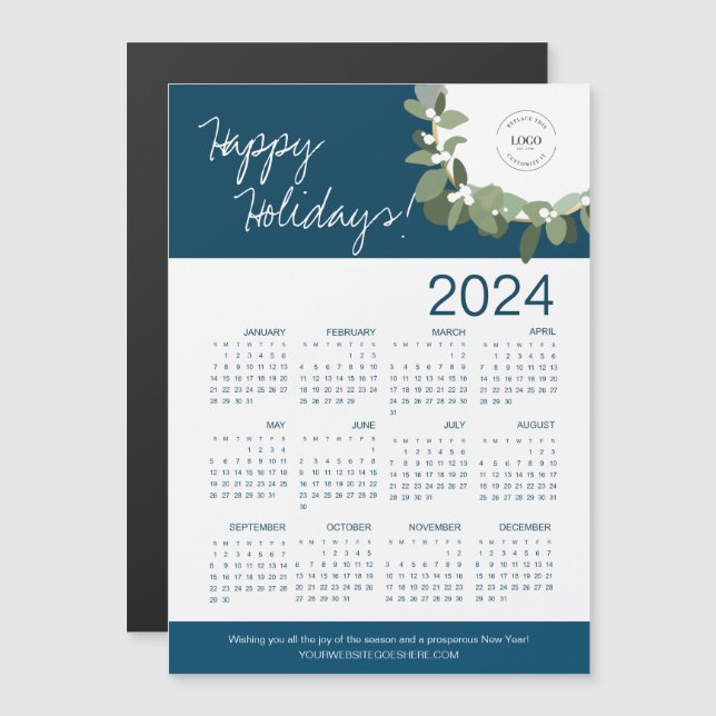 Blue Modern Wreath Your Logo aqui Calendar 2024 (Frente/Verso)