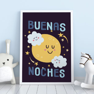 Blue Moon and Stars Nursery Art em espanhol Poster