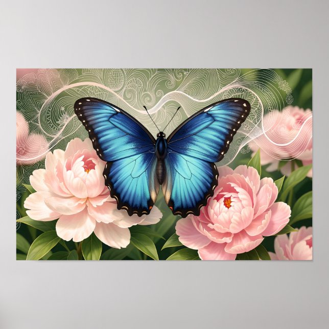 Blue Morpho Butterfly Floral Botanical Art Poster (Frente)