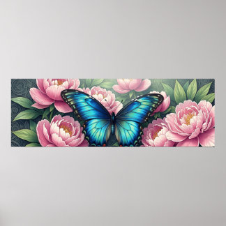 Blue Morpho Butterfly Floral Botanical Art Poster