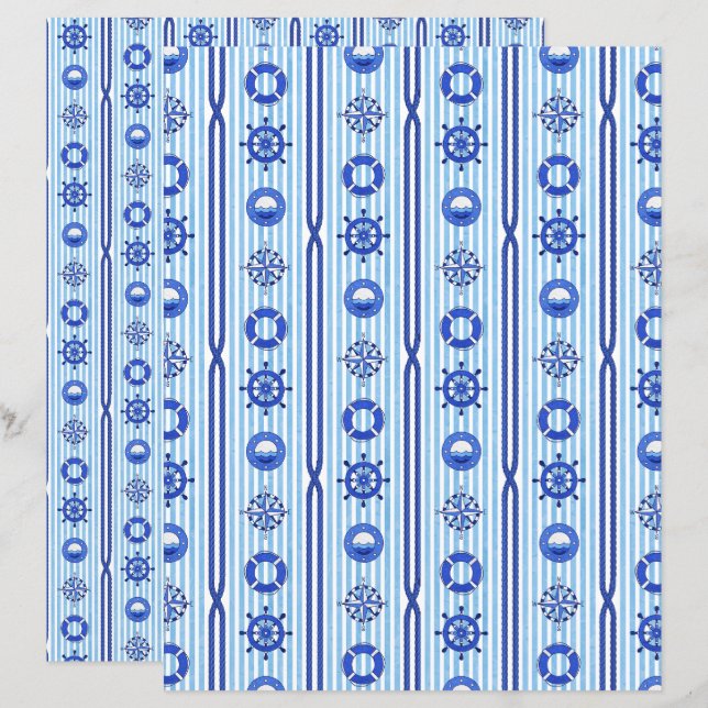 Blue Nautical Stripes Scrapbook Paper (Frente/Verso)