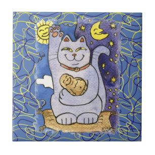 Blue Neko com Buda no Travesseiro Dourado
