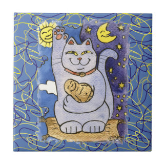 Blue Neko com Buda no Travesseiro Dourado