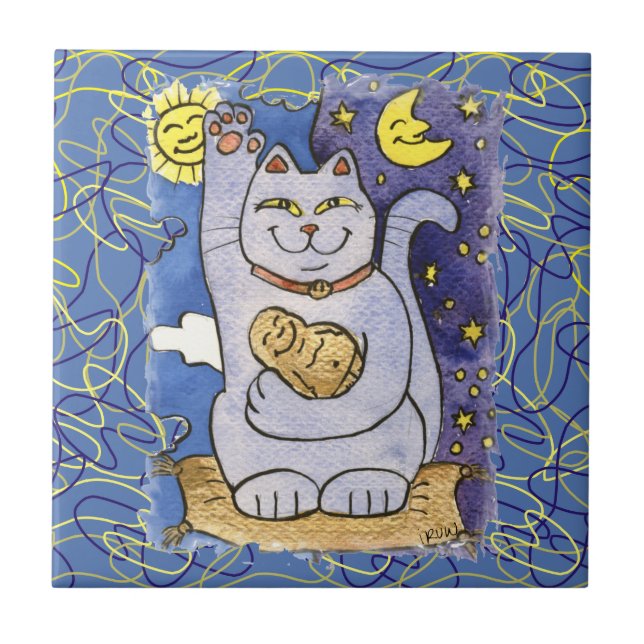 Blue Neko com Buda no Travesseiro Dourado (Frente)