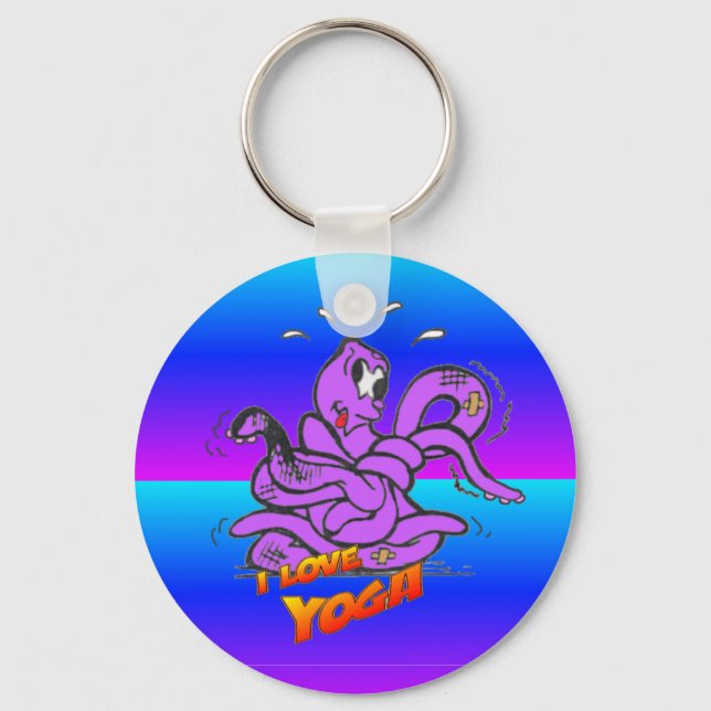 Blue Neon Funny Yoga Octopus Cartoon Chaveiro (Frente)