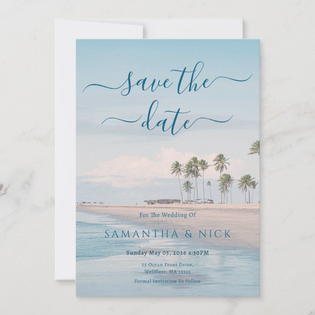 Blue Ocean Beach Wedding Save The Date Card (Frente)