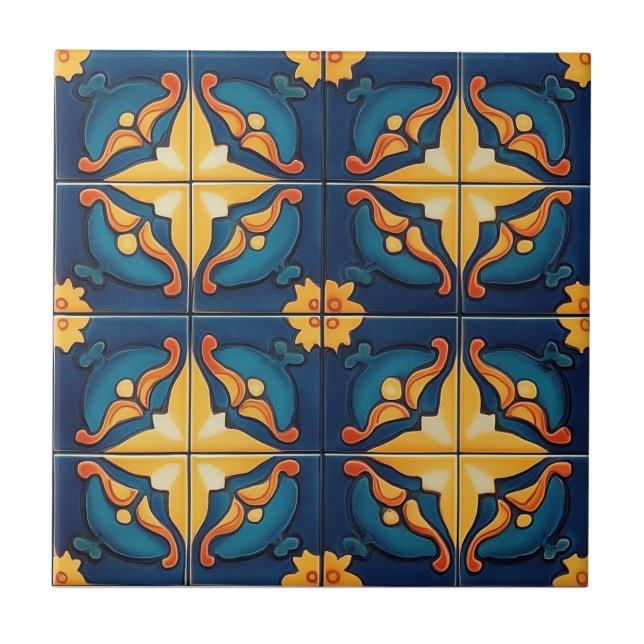 Blue Orange and Yellow Pattern Ceramic Tile (Frente)