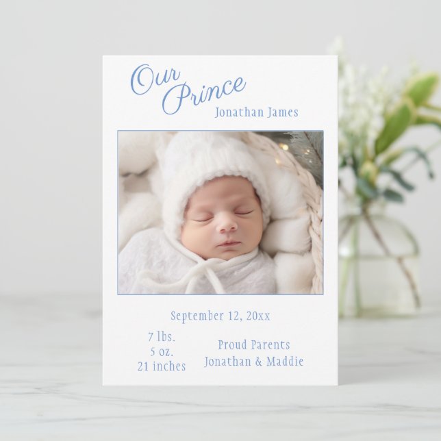 Blue Our Prince Photo Boy Birth Anúncio (Em pé/Frente)