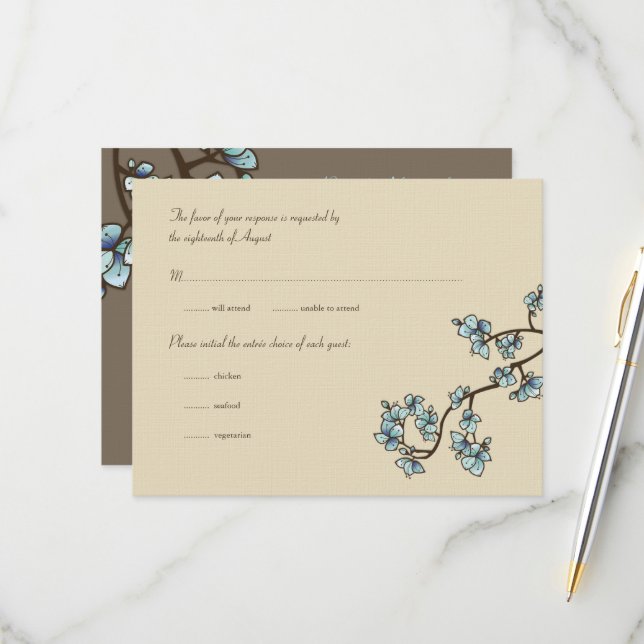 Blue Peach Blossoms Sakura Asian Weding RSVP Card (Frente/Verso In Situ)