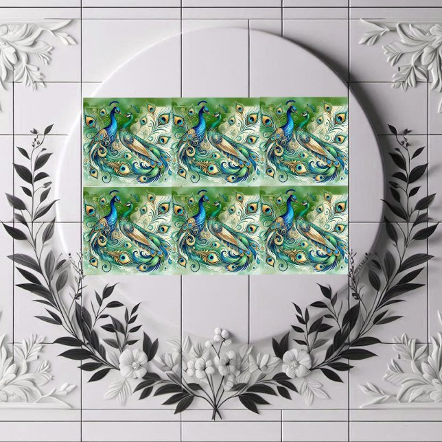 Blue Peacock Couple Green Golden Feathers Motif  (Blue Peacock Couple Green Golden Feathers Motif Ceramic Tile)