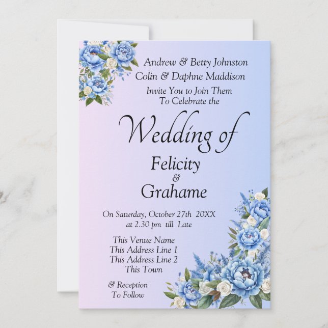 Blue Peony Wedding Suite em Convite Mauve #B (Frente)