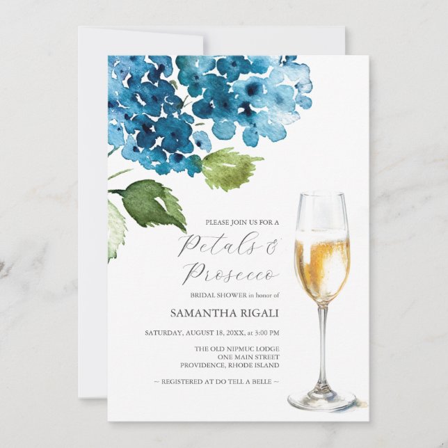 Blue Petals and Prosecco Bridal Shower Invitations (Frente)