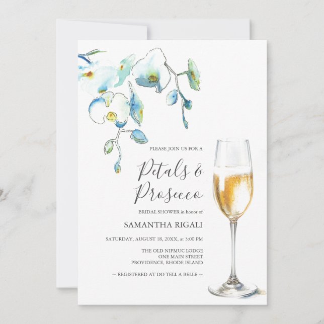 Blue Petals and Prosecco Bridal Shower Invitations (Frente)
