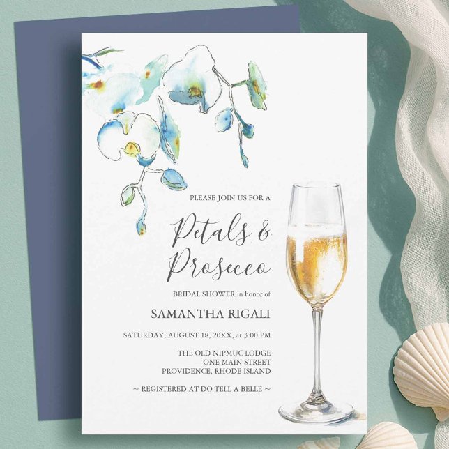 Blue Petals and Prosecco Bridal Shower Invitations (Petals and Prosecco bridal shower invitations designed with hand painted watercolor orchids in blue)