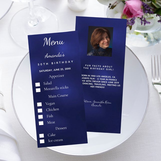 Blue photo meal options fun facts birthday menu (Criador carregado)