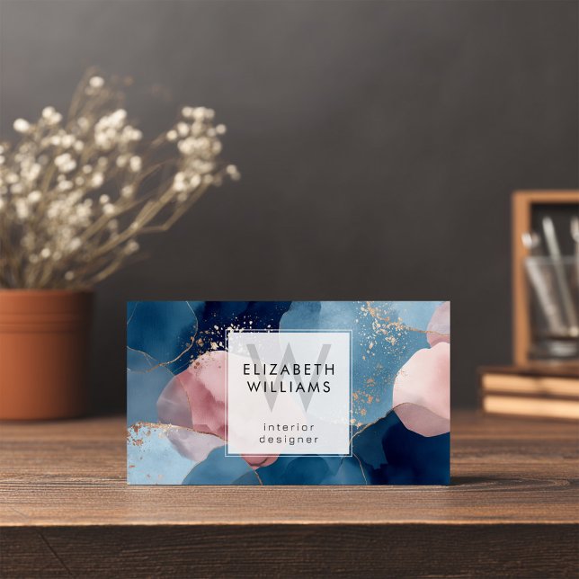 Blue Pink Gold Monogram Modern Business Card (Criador carregado)