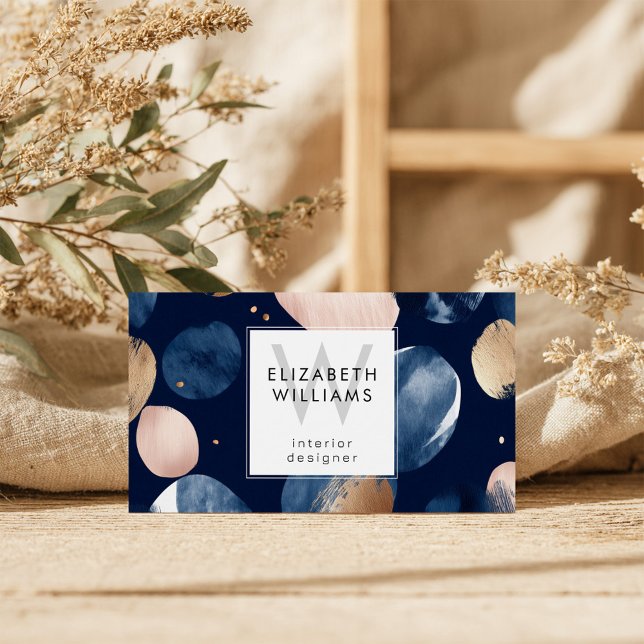 Blue Pink Gold Monogram Modern Business Card (Criador carregado)