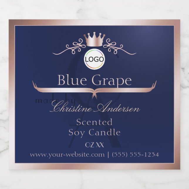 Blue Product Label Rose Gold Frame Logo Monogram (Rótulo Único)