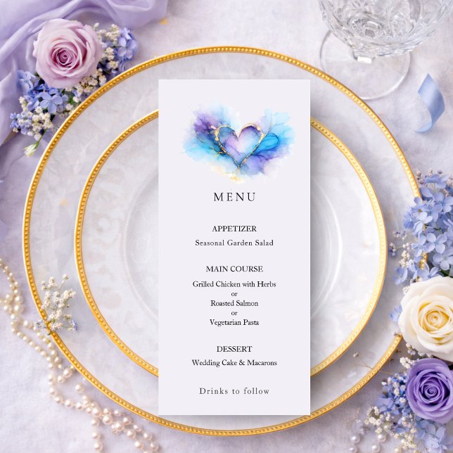 Blue Purple Gold Abstract Heart Wedding Menu (Criador carregado)