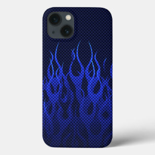 Blue Racing Flames on Carbon Fiber Print