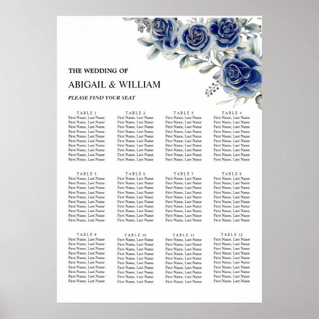 Blue Romantic Floral Wedding Seating Chart Poster (Frente)